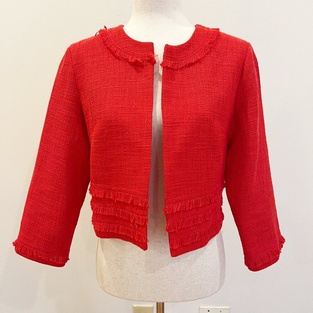Karl Lagerfeld Blazer Womens Medium Red Tweed Fringe Open Front Cropped Designer